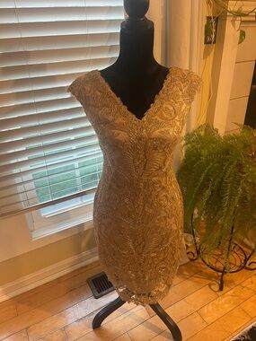 Tadashi Shoji Gold Embroidered V-Neck Mini Dress